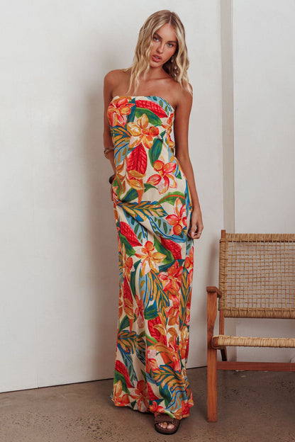 Abito lungo con schiena scoperta e nodo Bird of Paradise Botanical