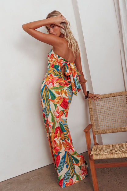 Abito lungo con schiena scoperta e nodo Bird of Paradise Botanical