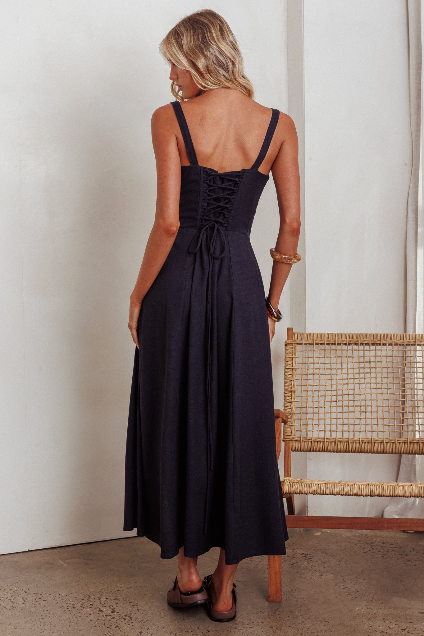 Abito lungo con lacci e busto annodato Zaira blu navy