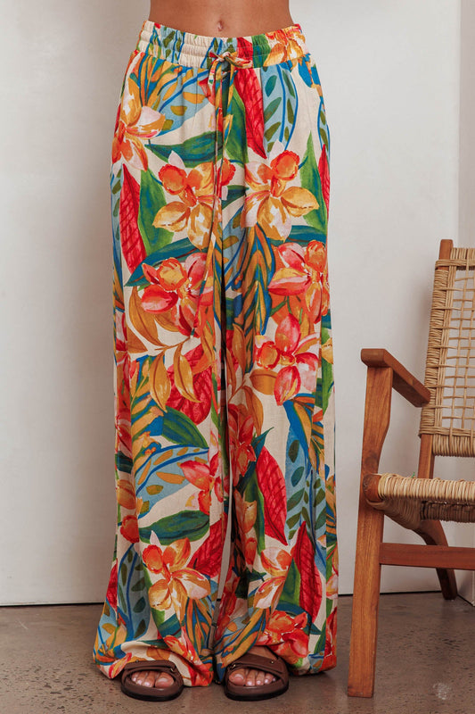 Pantaloni Marula a gamba larga con coulisse e stampa botanica