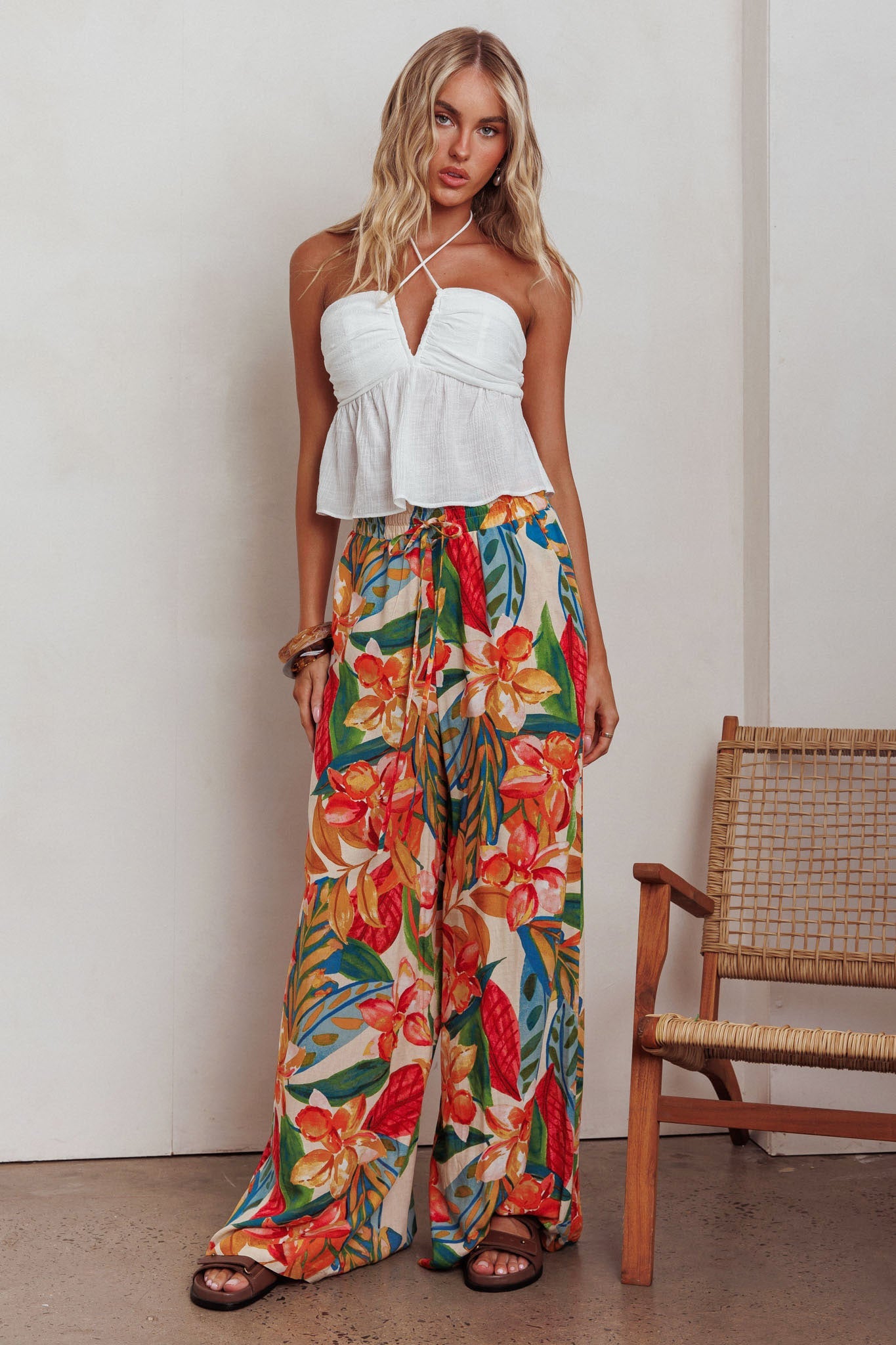 Pantaloni Marula a gamba larga con coulisse e stampa botanica