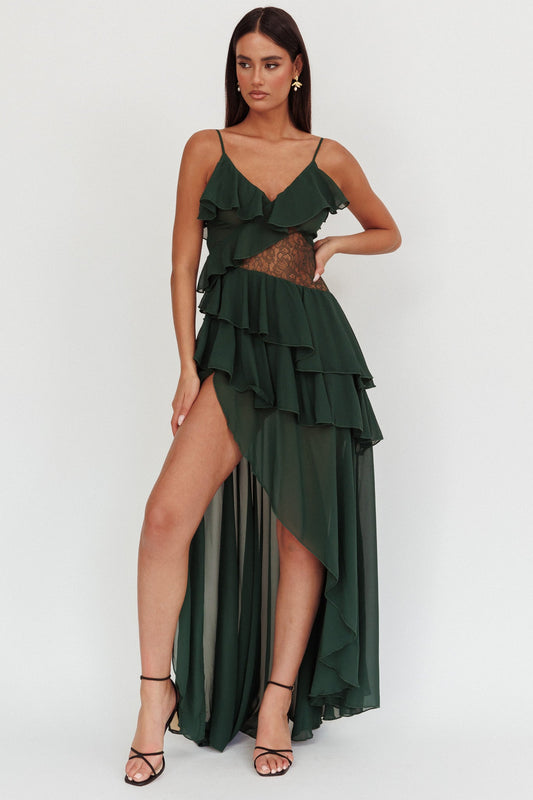 Abito lungo con volant in pizzo color amaretto, verde cacciatore
