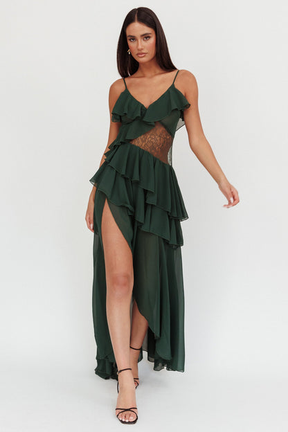 Abito lungo con volant in pizzo color amaretto, verde cacciatore