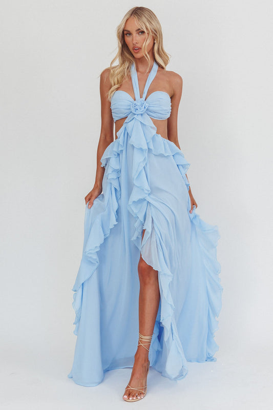 Abito lungo Santiago con volant e cut-out blu ghiaccio