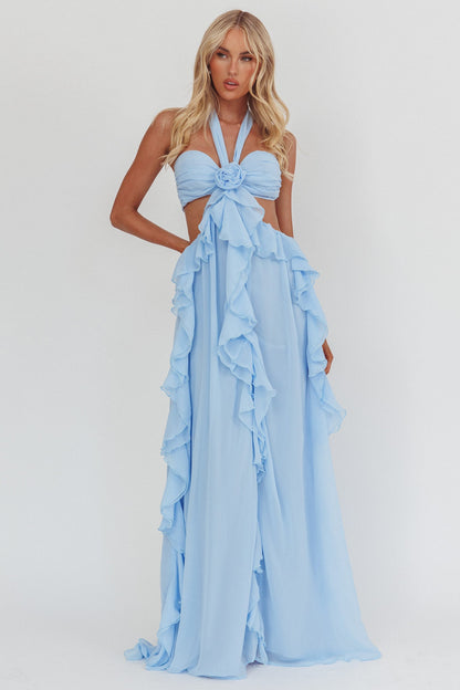 Abito lungo Santiago con volant e cut-out blu ghiaccio