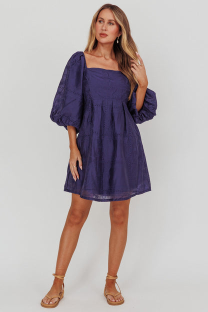 Mini abito con maniche a sbuffo e occhielli Summerlin blu navy