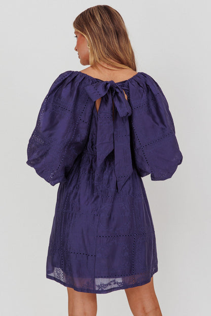 Mini abito con maniche a sbuffo e occhielli Summerlin blu navy