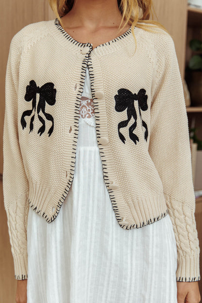 Cardigan con fiocco a punto coperta Early Snow Ecru