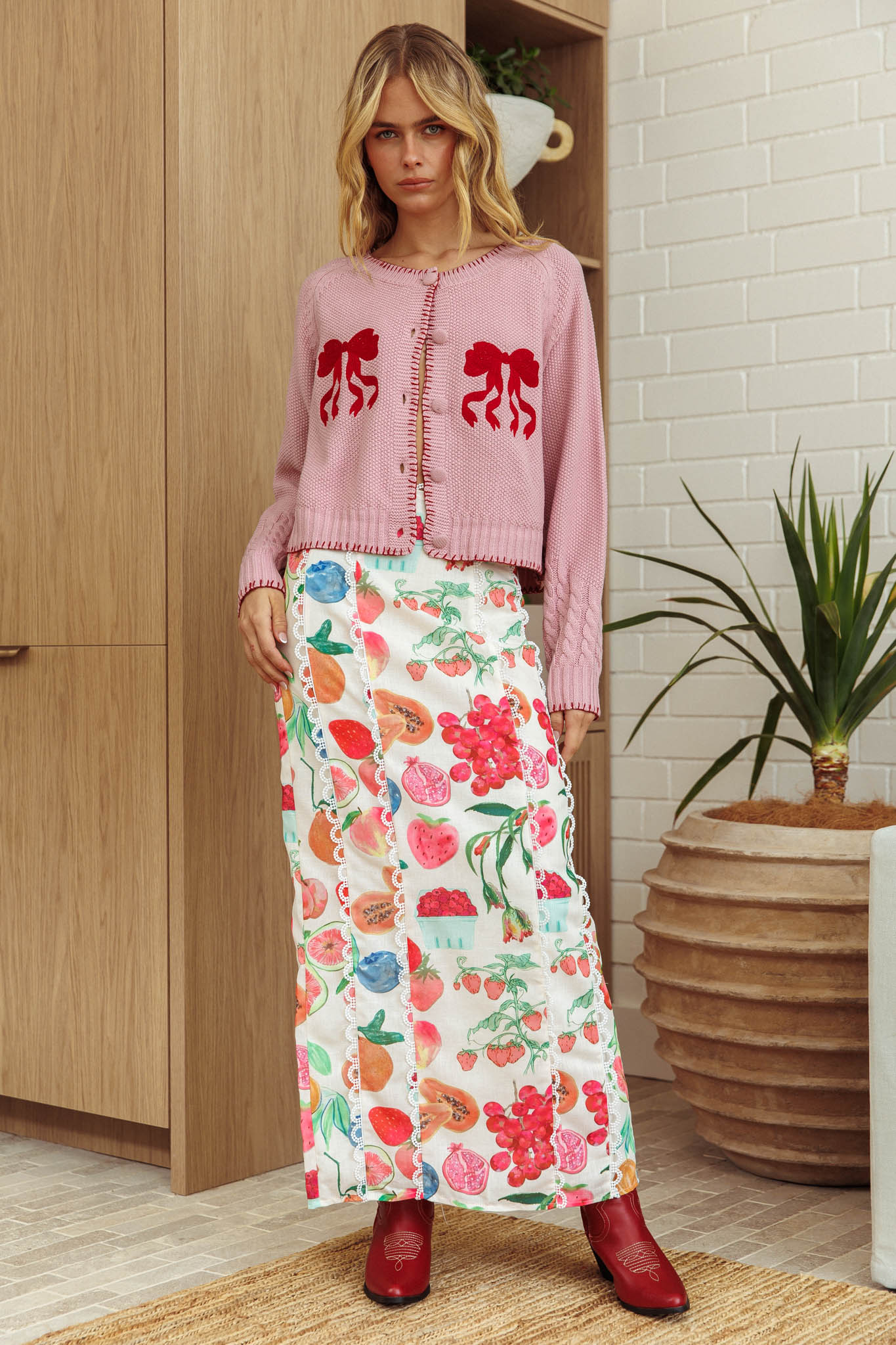 Cardigan con fiocco a punto coperta Early Snow rosa chiaro