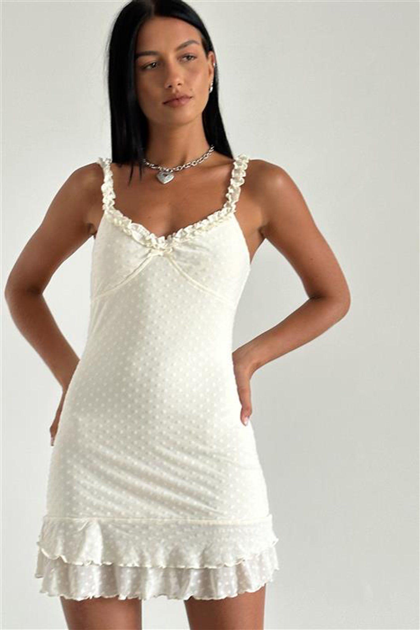 Riri Frill Strap Textured Mini Dress Avorio