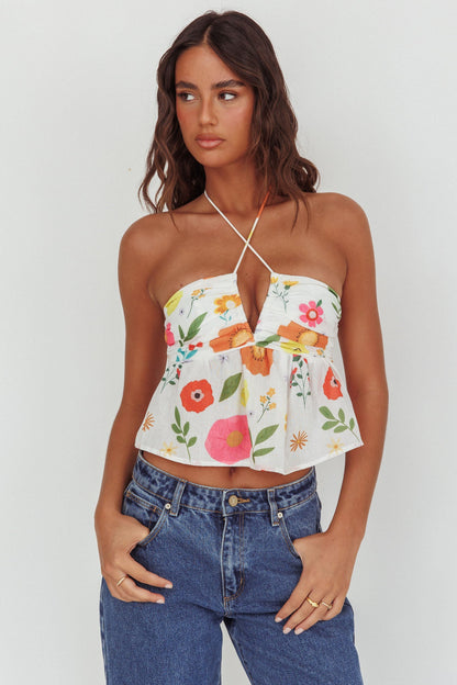 Top Asiah con scollo all'americana floreale bianco