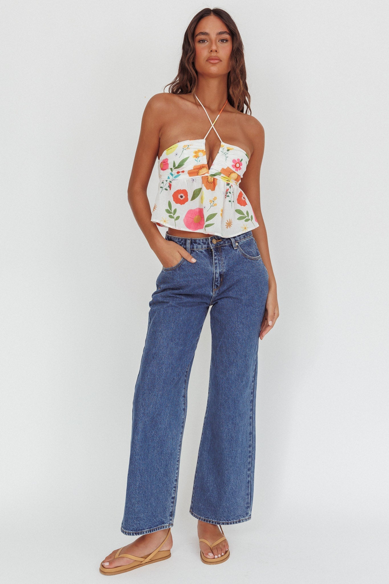 Top Asiah con scollo all'americana floreale bianco