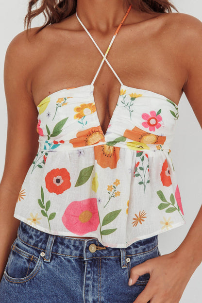 Top Asiah con scollo all'americana floreale bianco