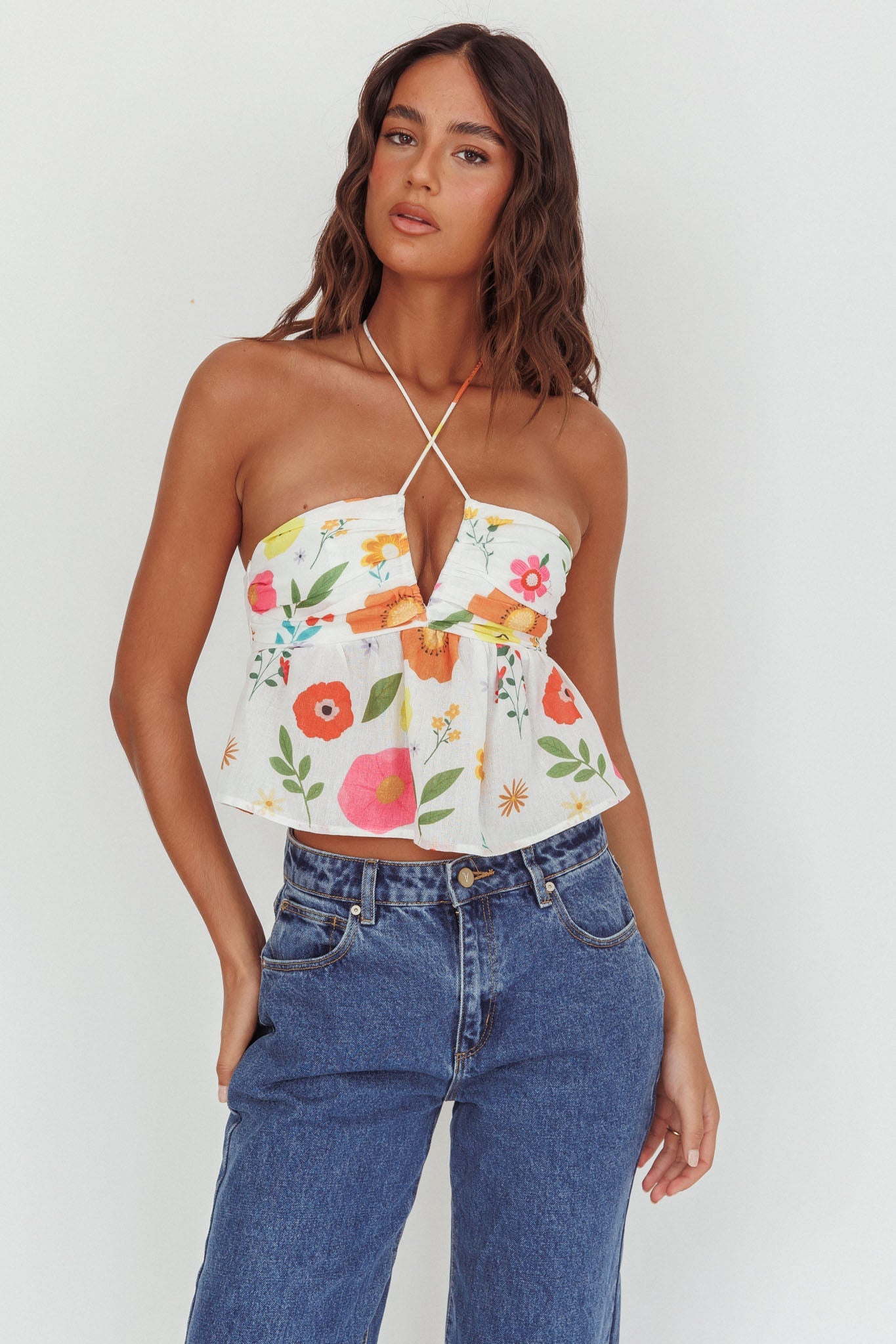 Top Asiah con scollo all'americana floreale bianco