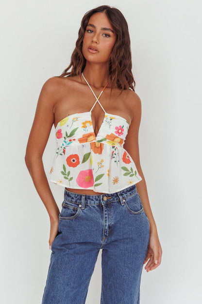Top Asiah con scollo all'americana floreale bianco