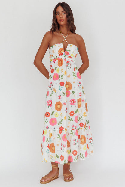 Asiah Abito lungo con scollo all'americana e busto arricciato floreale bianco
