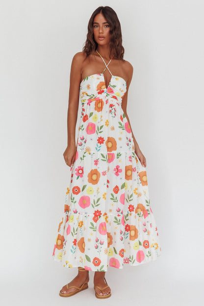 Asiah Abito lungo con scollo all'americana e busto arricciato floreale bianco