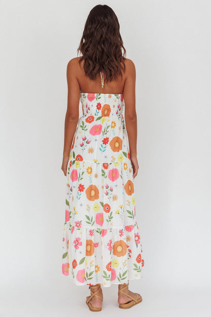 Asiah Abito lungo con scollo all'americana e busto arricciato floreale bianco
