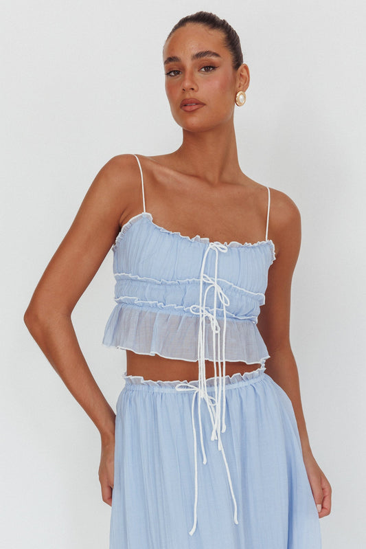 Top overlock con dettaglio cravatta Maidens Cloud Blue