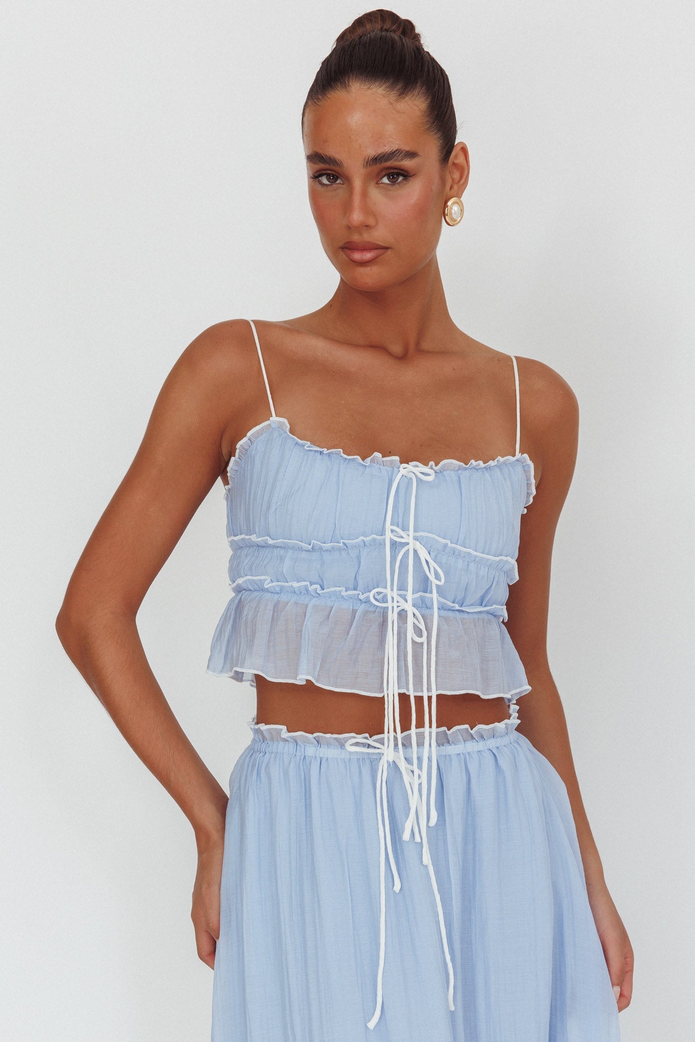 Top overlock con dettaglio cravatta Maidens Cloud Blue