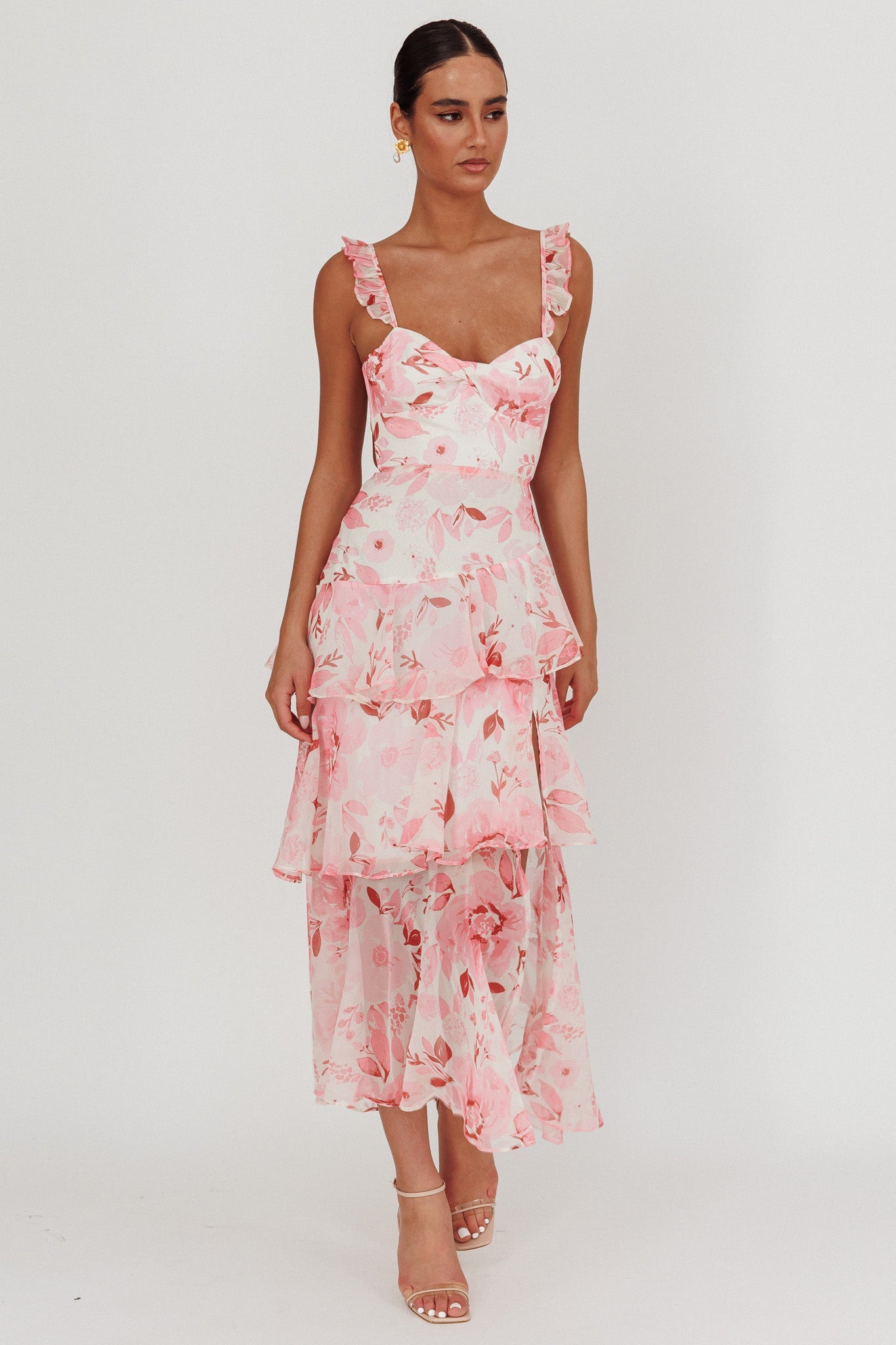 Abito lungo con volant e spalline posteriori Veda Flowers Blush