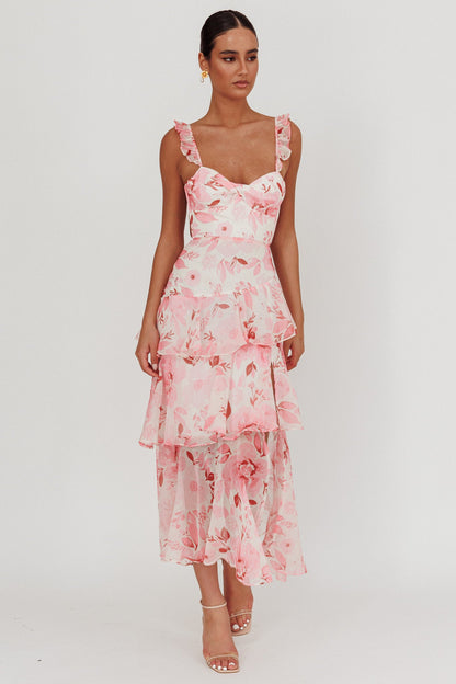 Abito lungo con volant e spalline posteriori Veda Flowers Blush