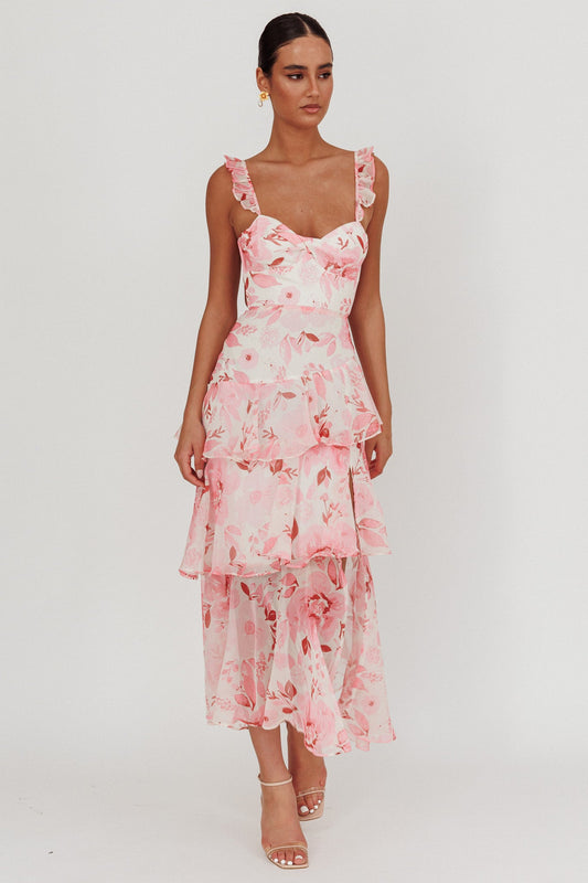 Abito lungo con volant e spalline posteriori Veda Flowers Blush