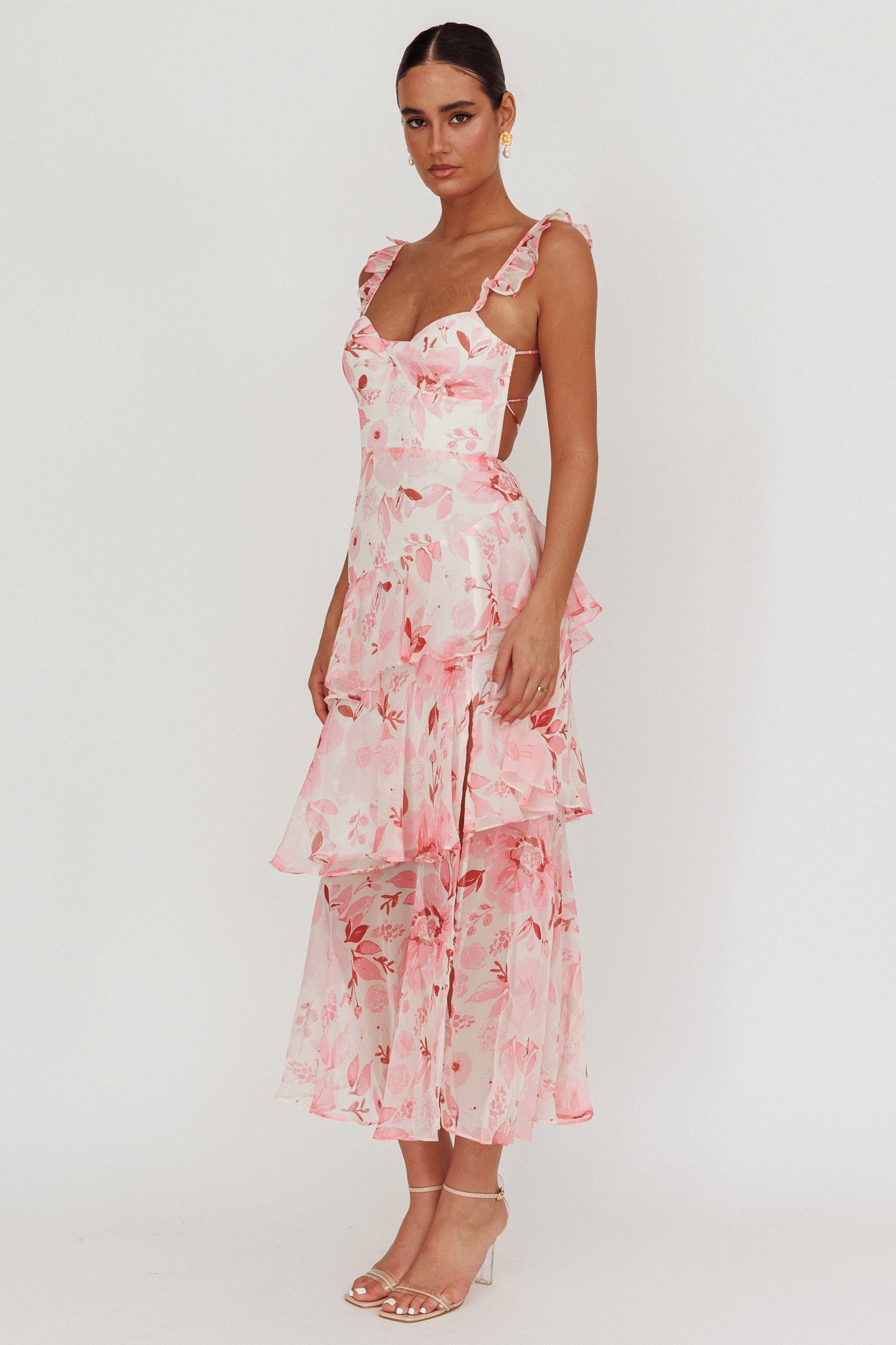 Abito lungo con volant e spalline posteriori Veda Flowers Blush