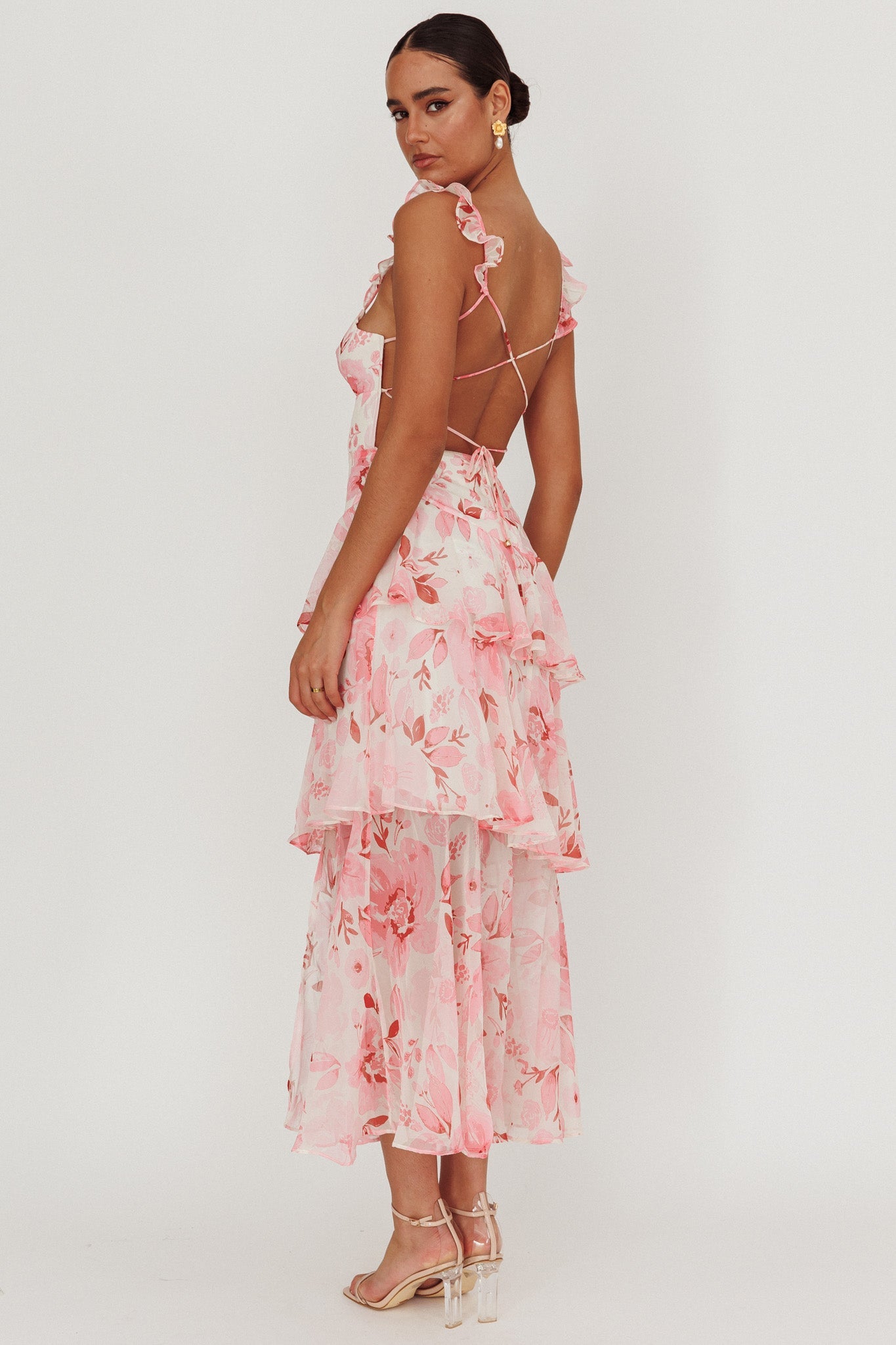 Abito lungo con volant e spalline posteriori Veda Flowers Blush
