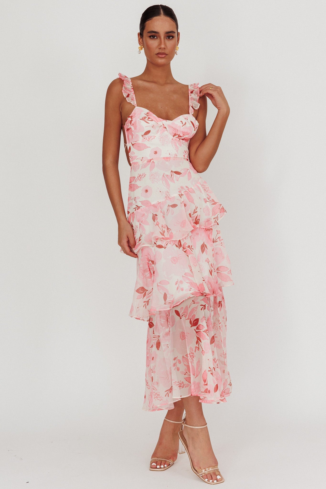 Abito lungo con volant e spalline posteriori Veda Flowers Blush