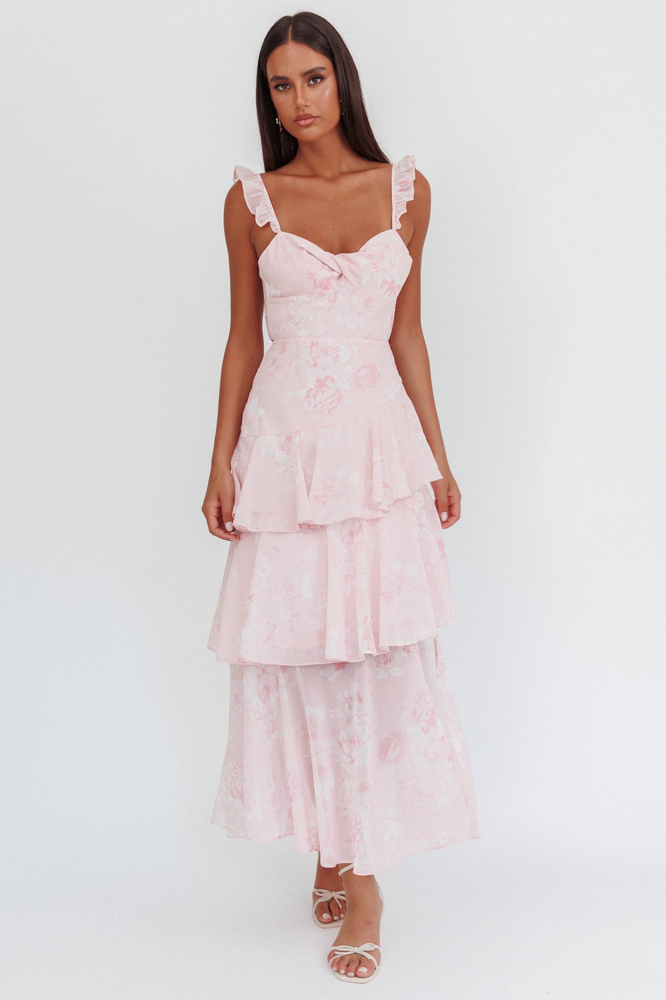 Abito lungo con spalline e volant Veda Roses Blush