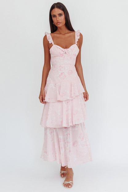 Abito lungo con spalline e volant Veda Roses Blush