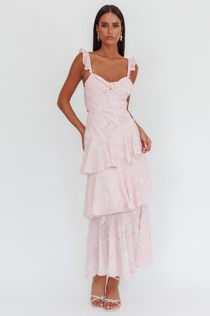Abito lungo con spalline e volant Veda Roses Blush