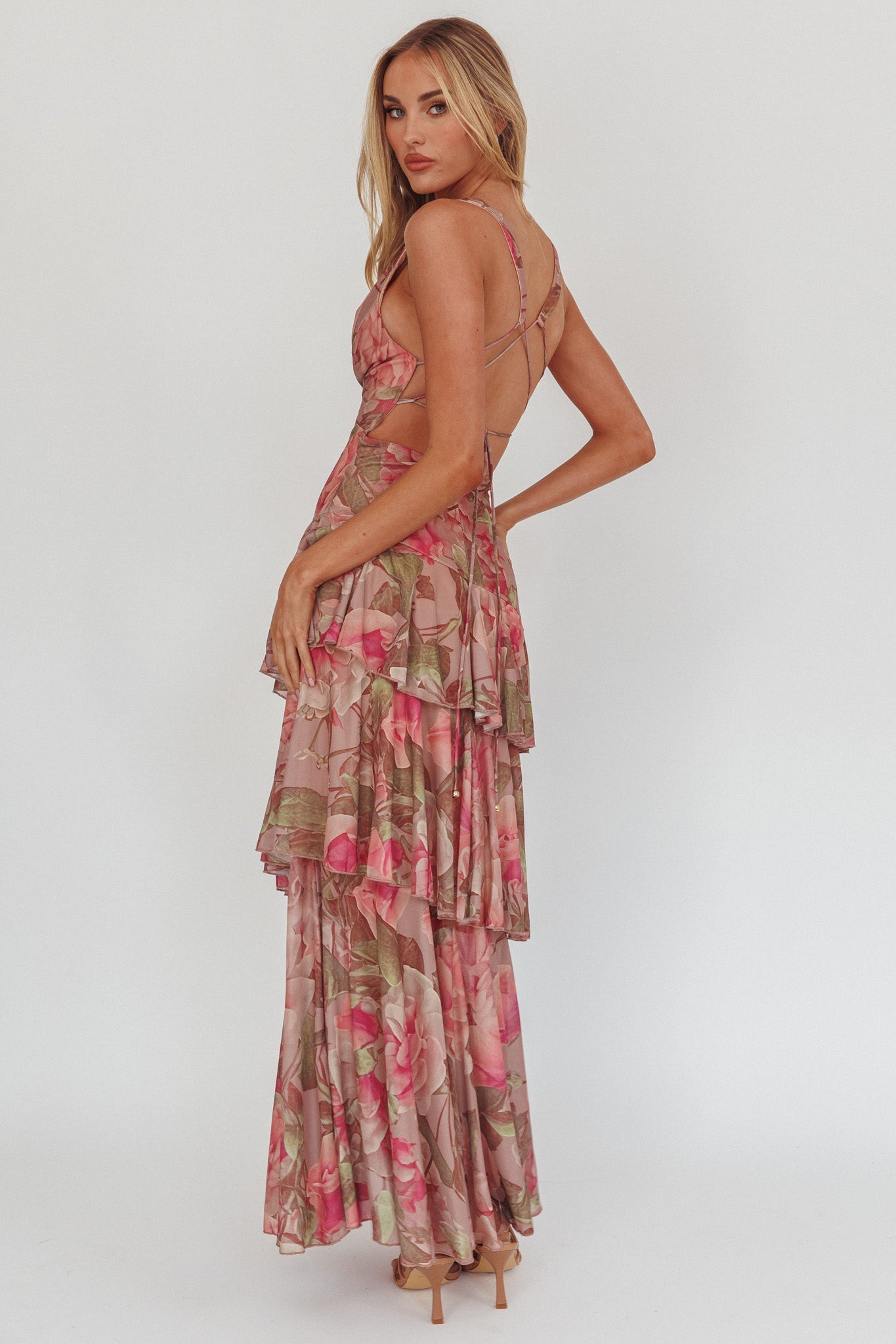Abito lungo con spalline posteriori Veda Roses Blush