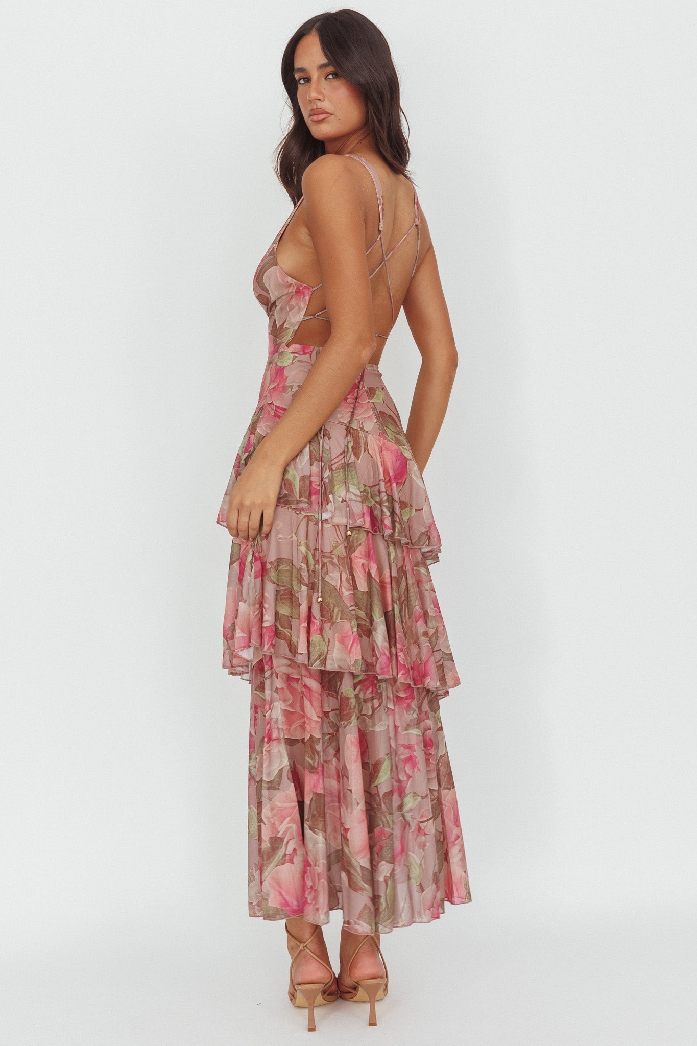 Abito lungo con spalline posteriori Veda Roses Blush