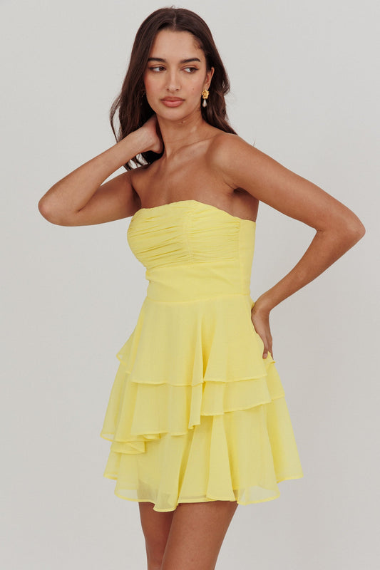 Mini abito Veda senza spalline con volant color limone