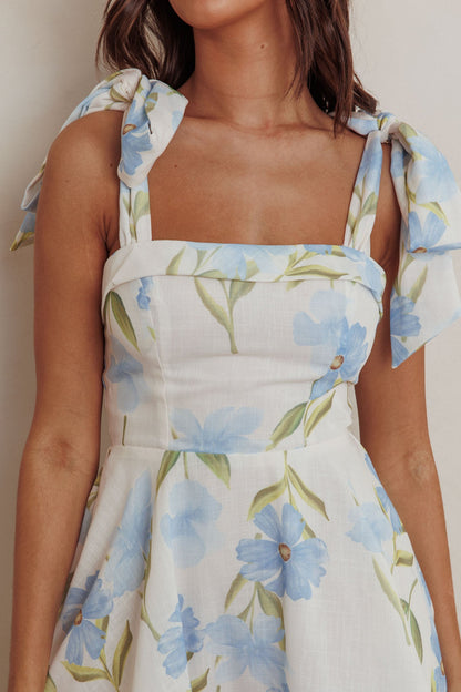 Mini abito Jeanie con spalle annodate e fiori blu