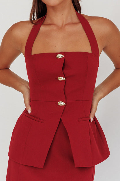 Top con scollo all'americana e bottoni sul davanti, color ciliegia, Tammi