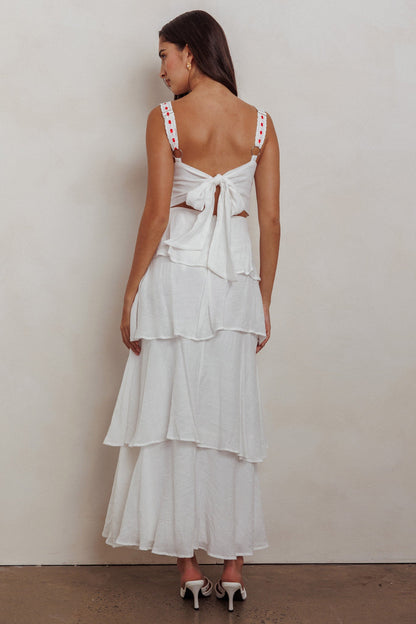 Abito lungo con balze a strati Provence Bloom bianco sporco
