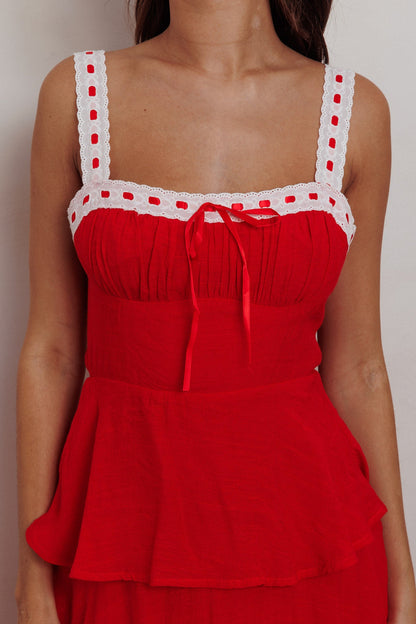 Abito lungo con balze a strati Provence Bloom rosso