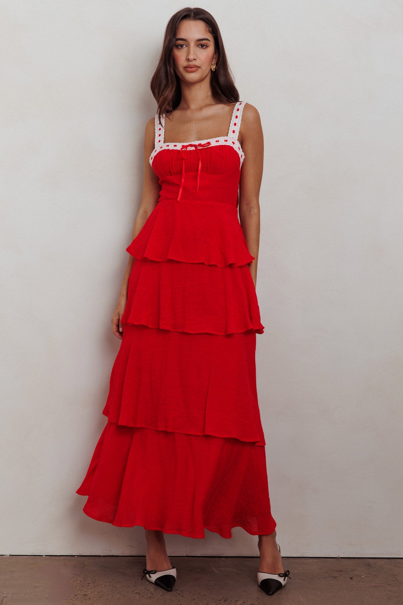 Abito lungo con balze a strati Provence Bloom rosso