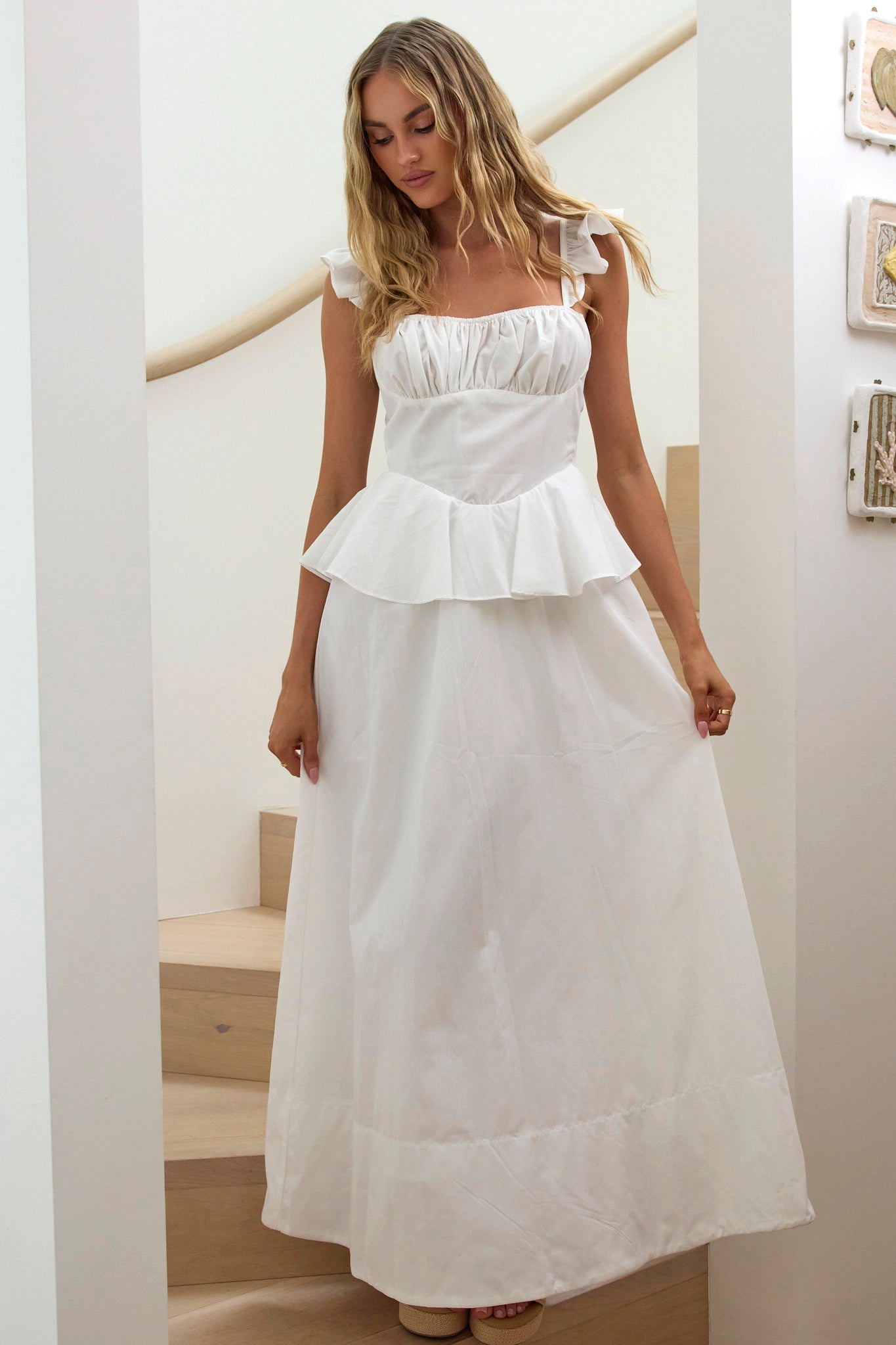 Abito lungo con peplo Provence Bloom bianco sporco