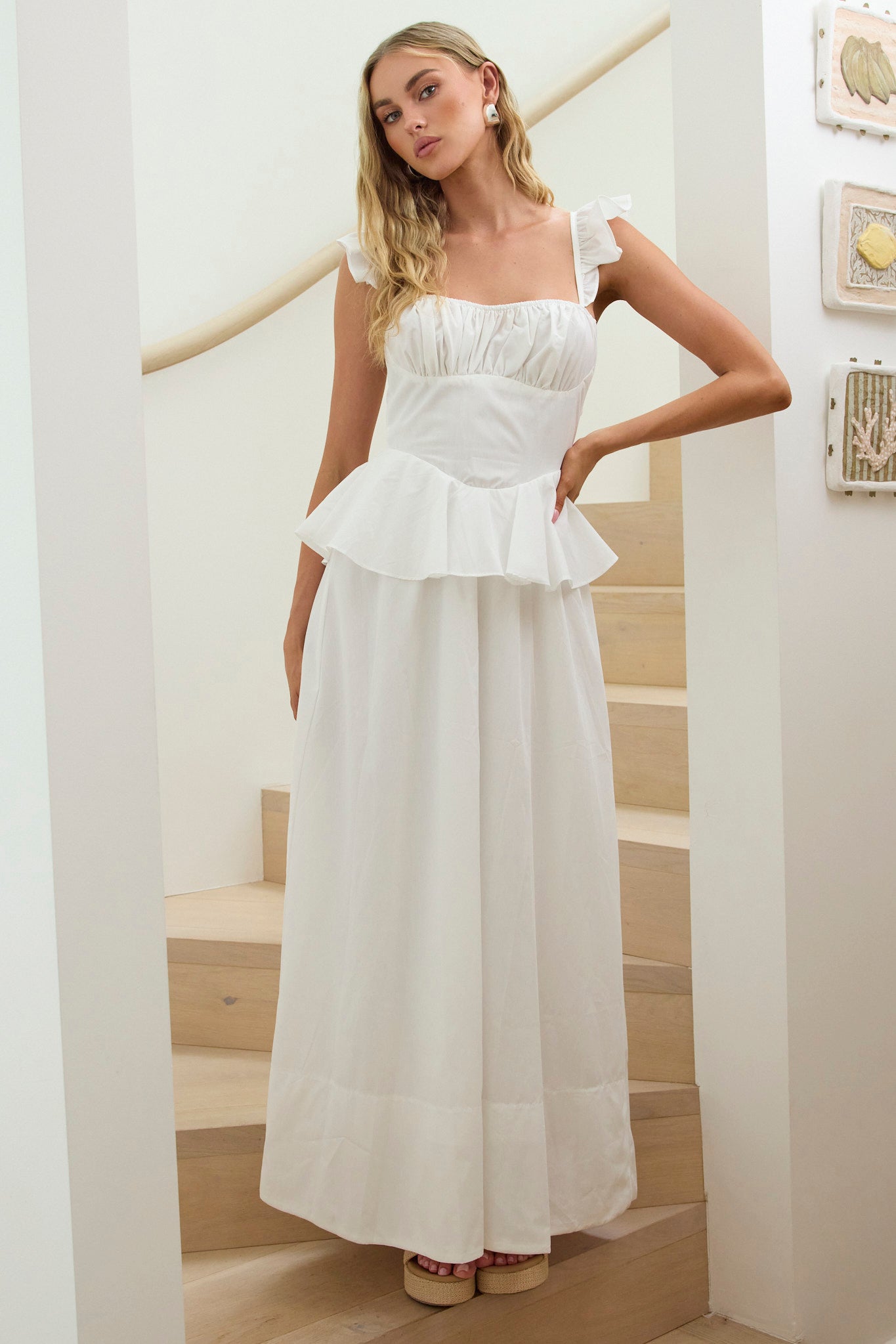 Abito lungo con peplo Provence Bloom bianco sporco