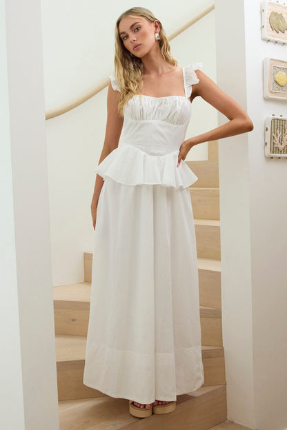 Abito lungo con peplo Provence Bloom bianco sporco
