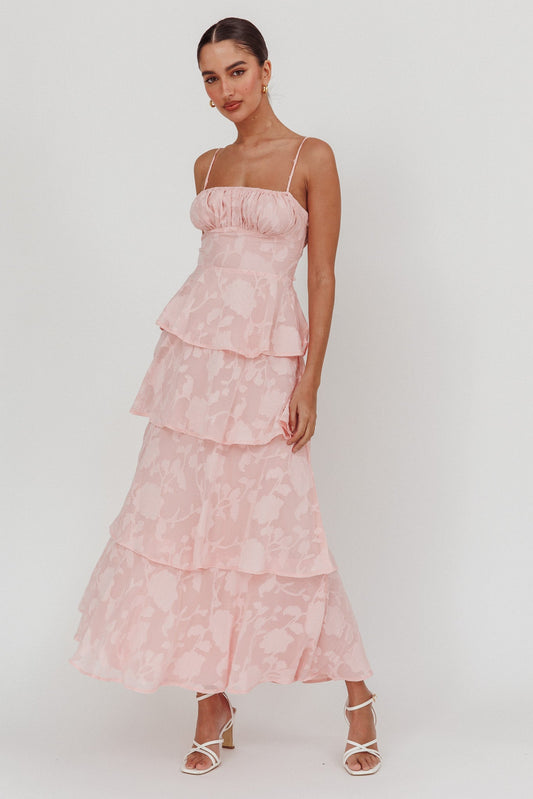 Abito lungo a balze Provence Bloom Jacquard Rosa