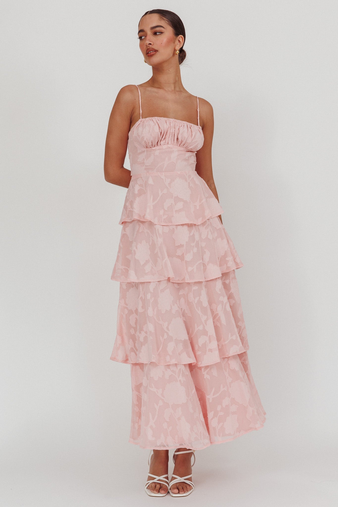 Abito lungo a balze Provence Bloom Jacquard Rosa