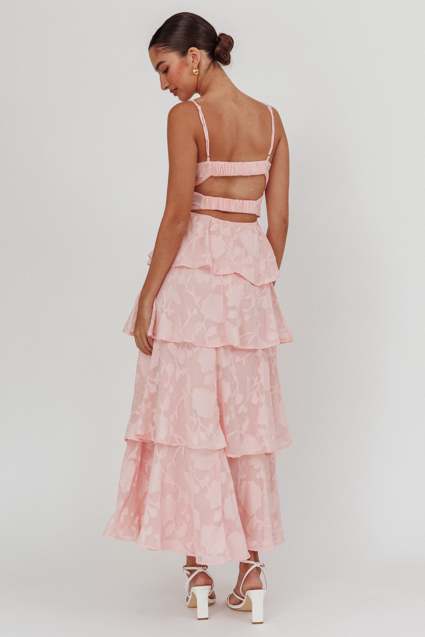 Abito lungo a balze Provence Bloom Jacquard Rosa