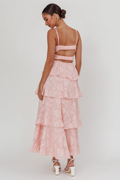 Abito lungo a balze Provence Bloom Jacquard Rosa
