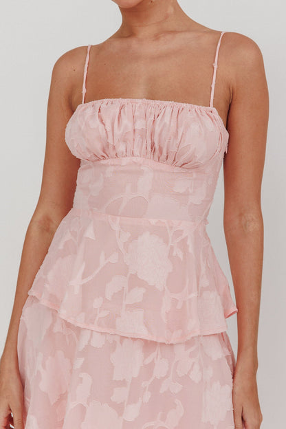 Abito lungo a balze Provence Bloom Jacquard Rosa