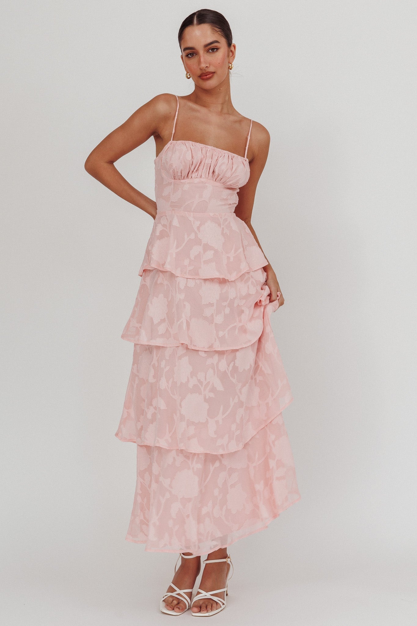 Abito lungo a balze Provence Bloom Jacquard Rosa